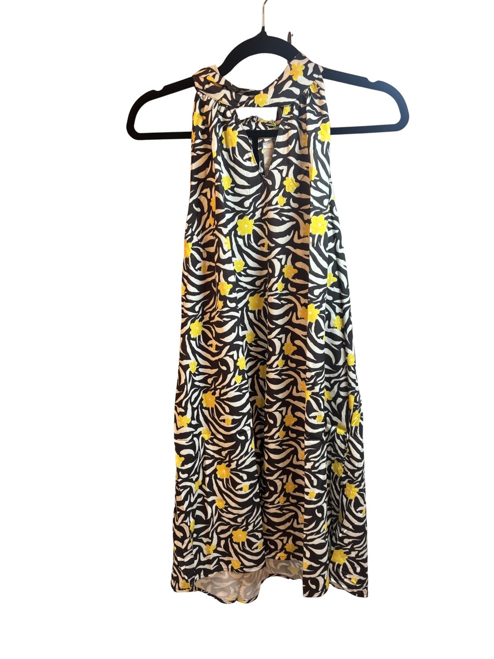 Umgee Black & Yellow Floral Zebra Print Boho Halter Dress Med New